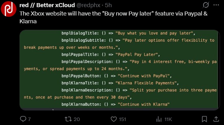 Xbox website buy now pay later PayPal Klarna leak