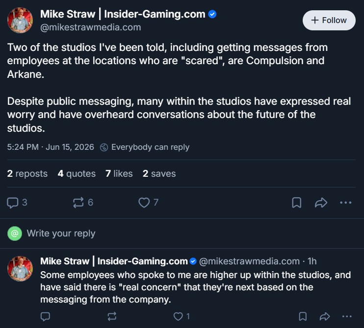 Mike Straw comments on Compulsion and Arkane employee concerns