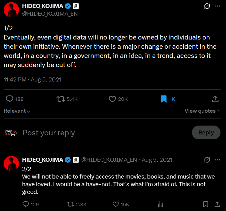 Hideo Kojima tweet about digital ownership from 2021