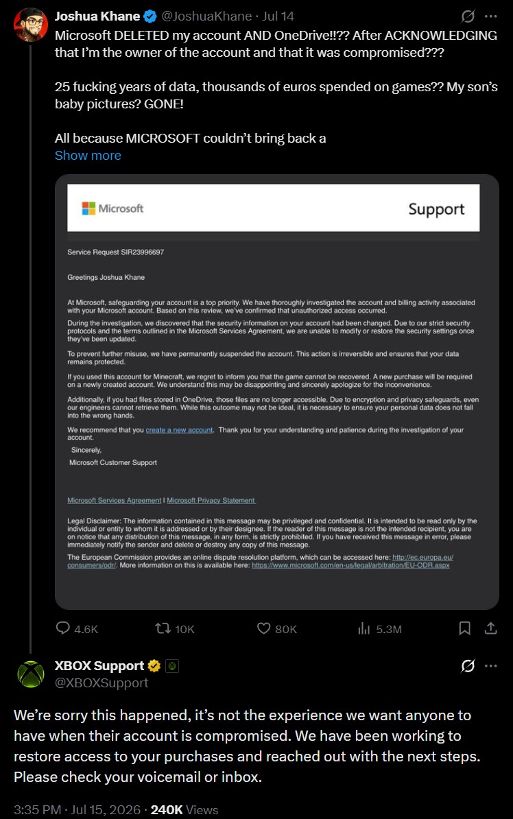 رد دعم XBOX على مستخدم فقد حسابه ومشترياته بعد تعرضه للاختراق