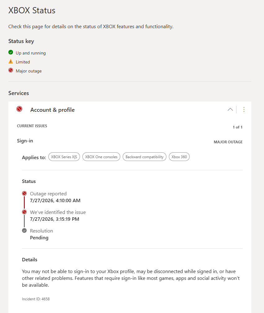 صفحة حالة XBOX أثناء عطل تسجيل الدخول