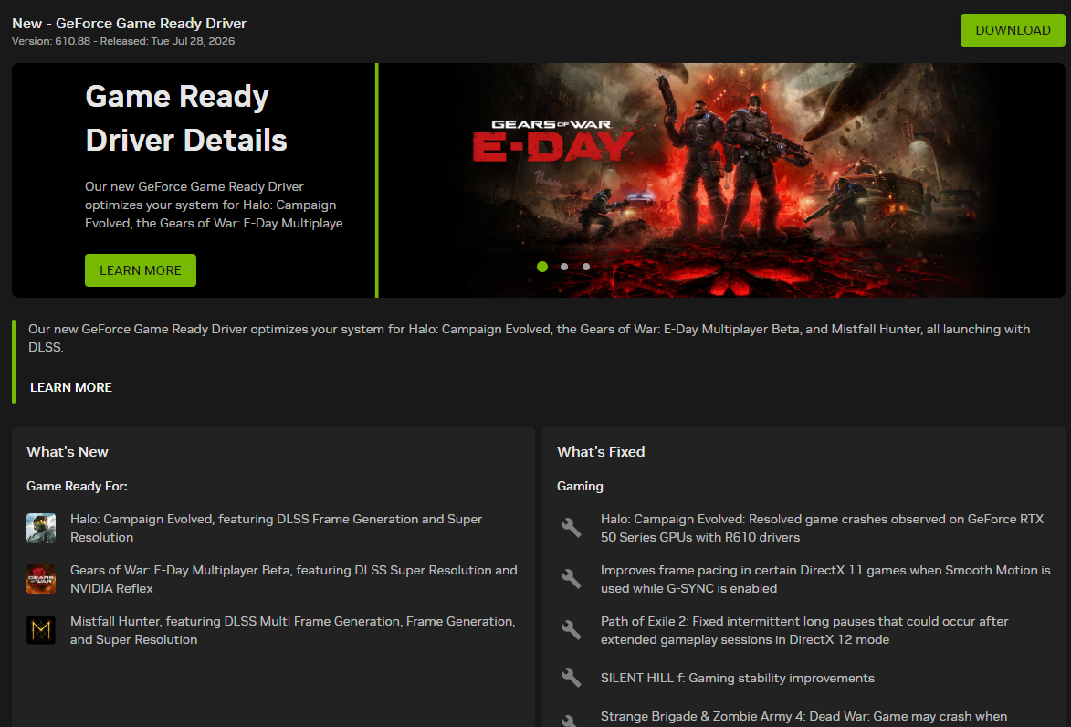 تفاصيل تعريف NVIDIA GeForce Game Ready 610.88