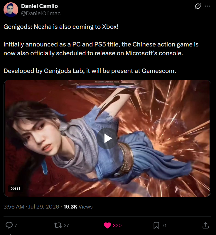 تأكيد إصدار Genigods Nezha على XBOX