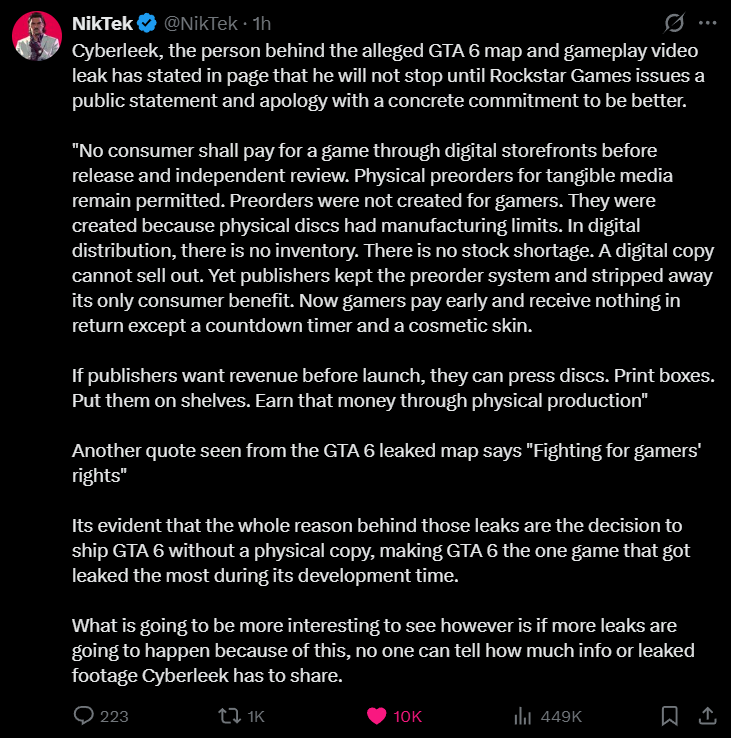 منشور NikTek حول تصريحات منسوبة إلى Cyberleek بشأن GTA VI