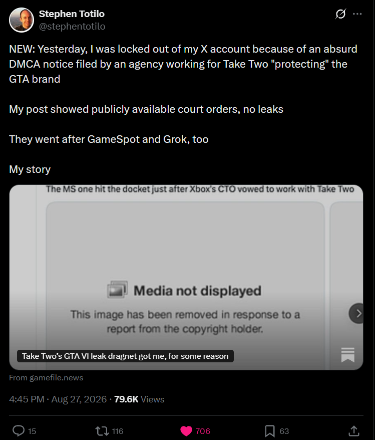 Stephen Totilo يتحدث عن بلاغ DMCA مرتبط بـGTA VI