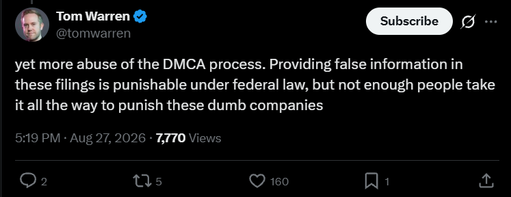 Tom Warren يعلق على استخدام DMCA