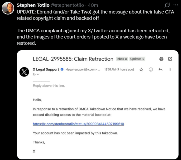 X تؤكد سحب بلاغ DMCA ضد Stephen Totilo