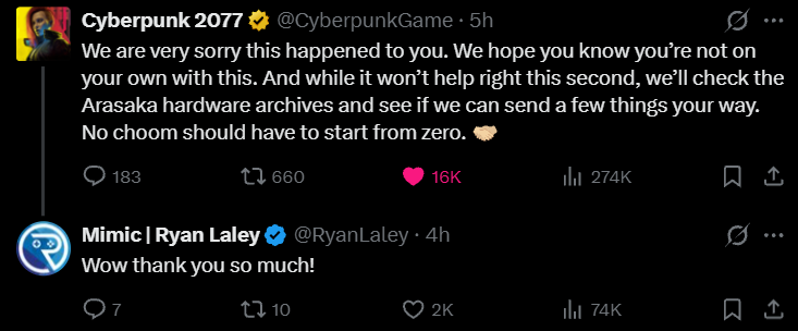 الحساب الرسمي لـCyberpunk 2077 يعرض المساعدة على Ryan Laley