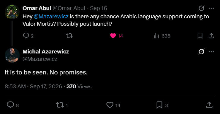 رد Michał Azarewicz حول إمكانية إضافة اللغة العربية إلى Valor Mortis