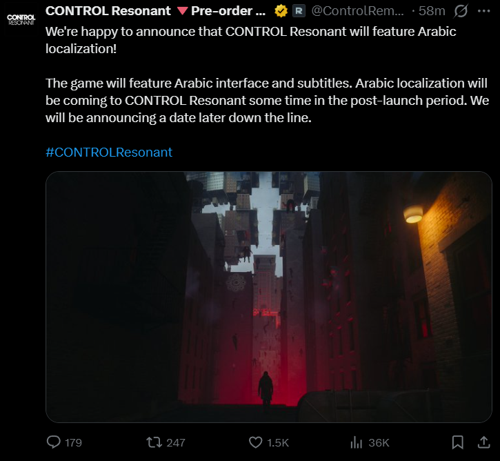 Remedy تؤكد دعم اللغة العربية في CONTROL Resonant