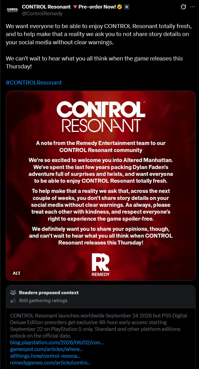 رسالة Remedy إلى مجتمع CONTROL Resonant حول حرق أحداث القصة