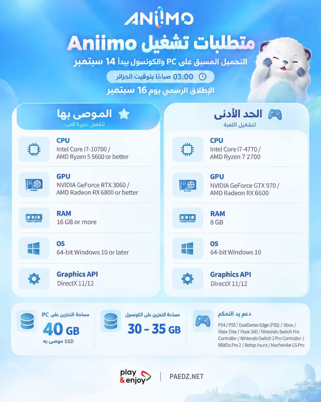 متطلبات تشغيل Aniimo النهائية على PC والكونسول